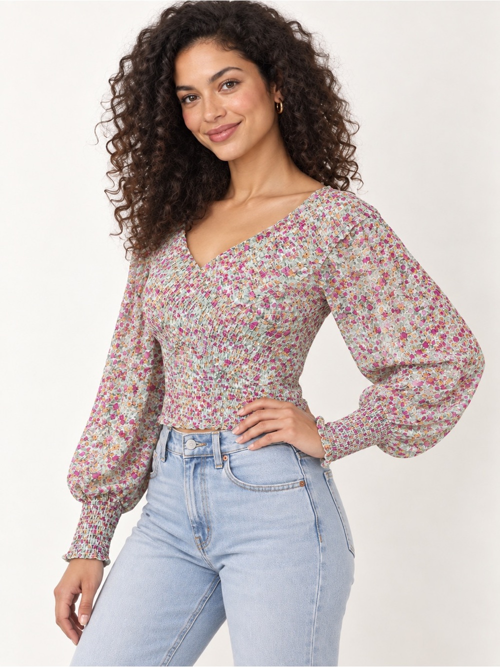 BB Dakota Steve Madden Floral Smocked Puff Sleeve Top Size S NWT